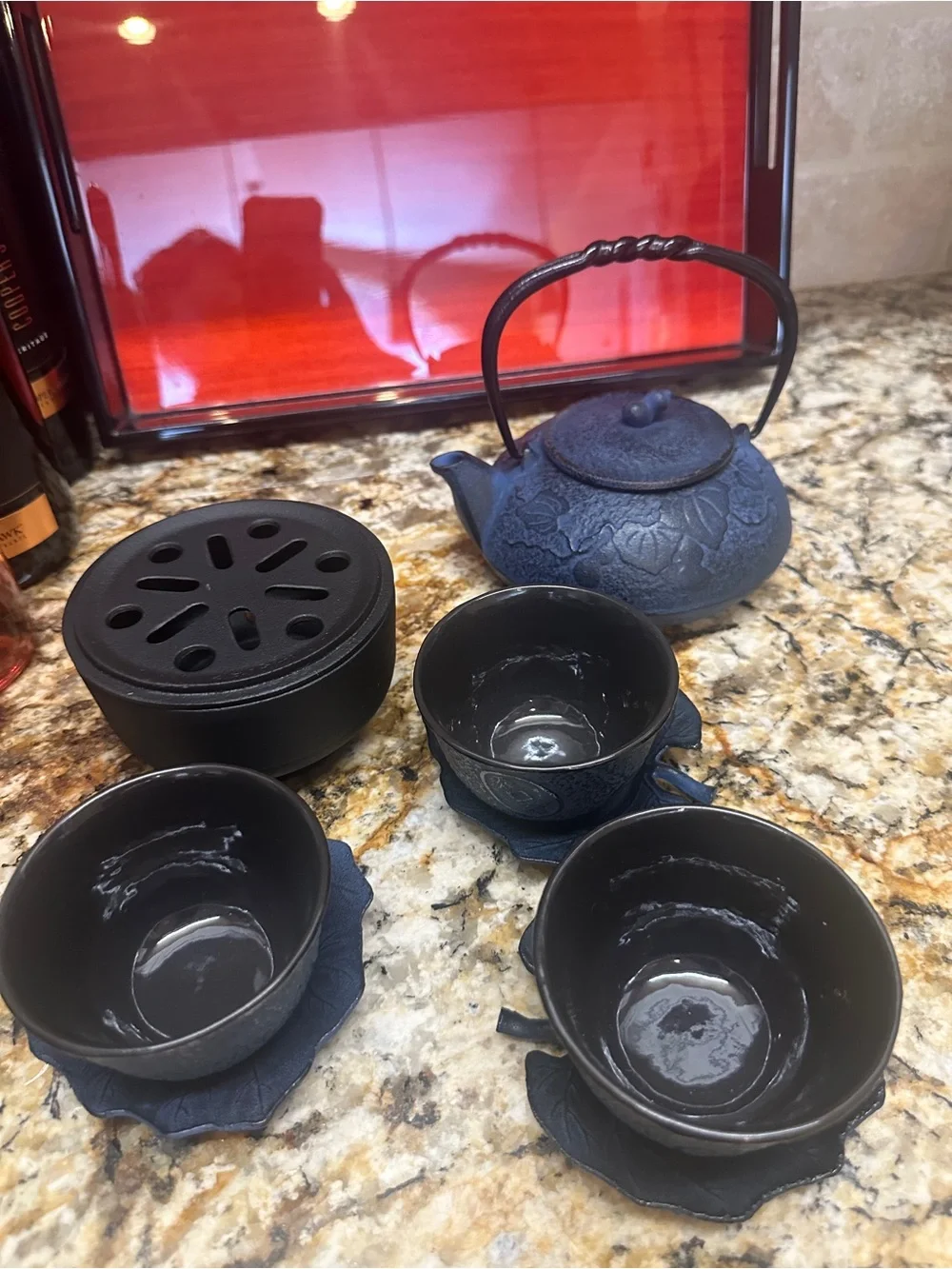 TeaVana Blue Cast Iron Teapot & Cups w/Floral Design & Black & Red Lacquer Tray